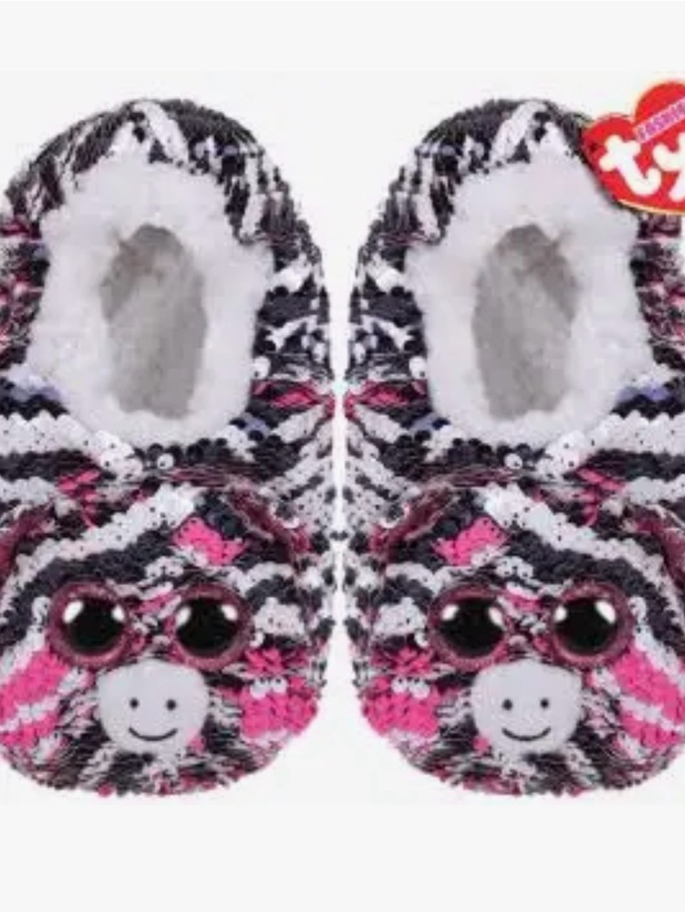 Ty Pink Black White Zebra Plush Character Slipper Socks